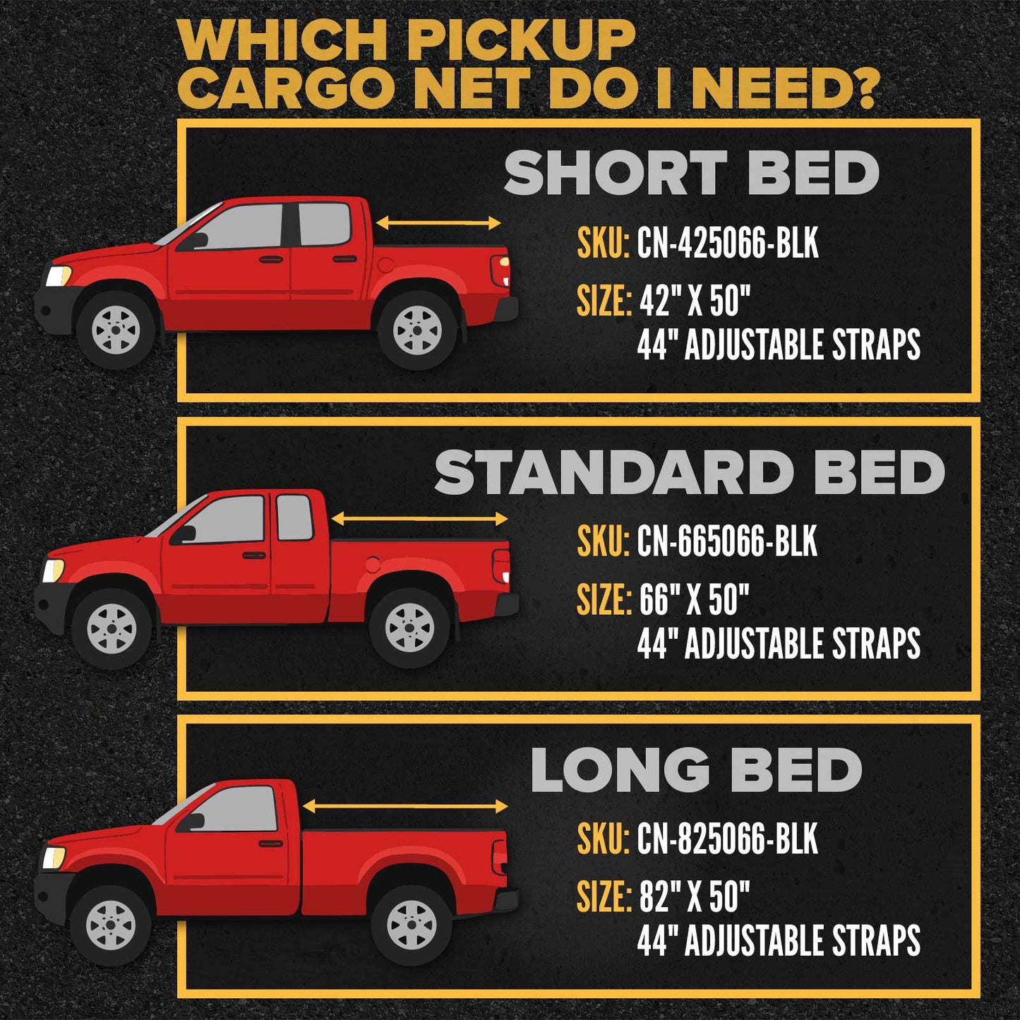 82" x 50" Long Bed Pickup Truck Cargo Net with Cam Buckles & S-Hooks | 2-Pack