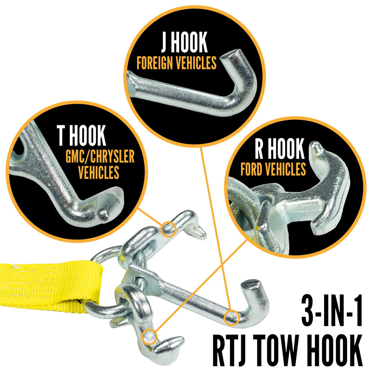 2" x 6' Replacement Tow Strap with RTJ Cluster Hooks | Yellow