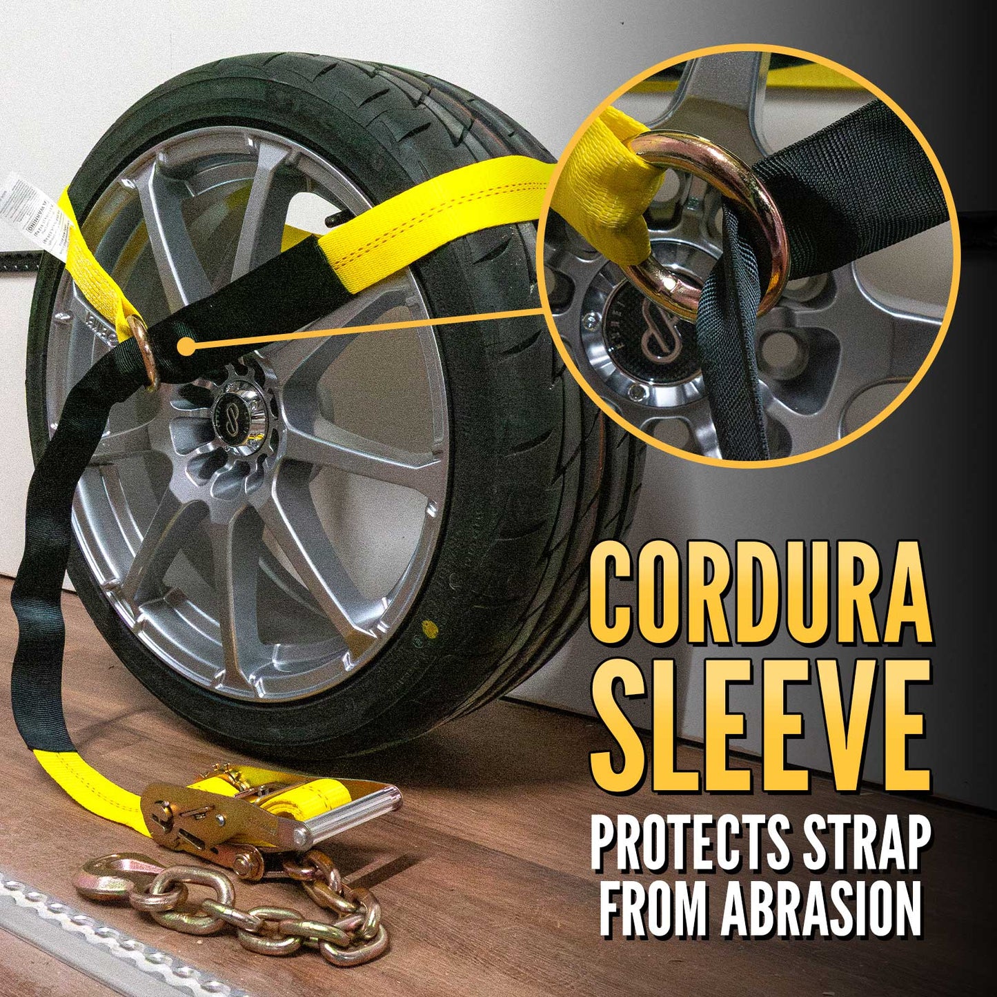 Side Mount Wheel Net with Ratchet and Chain Extension | 2' Cordura Wear Sleeve Included