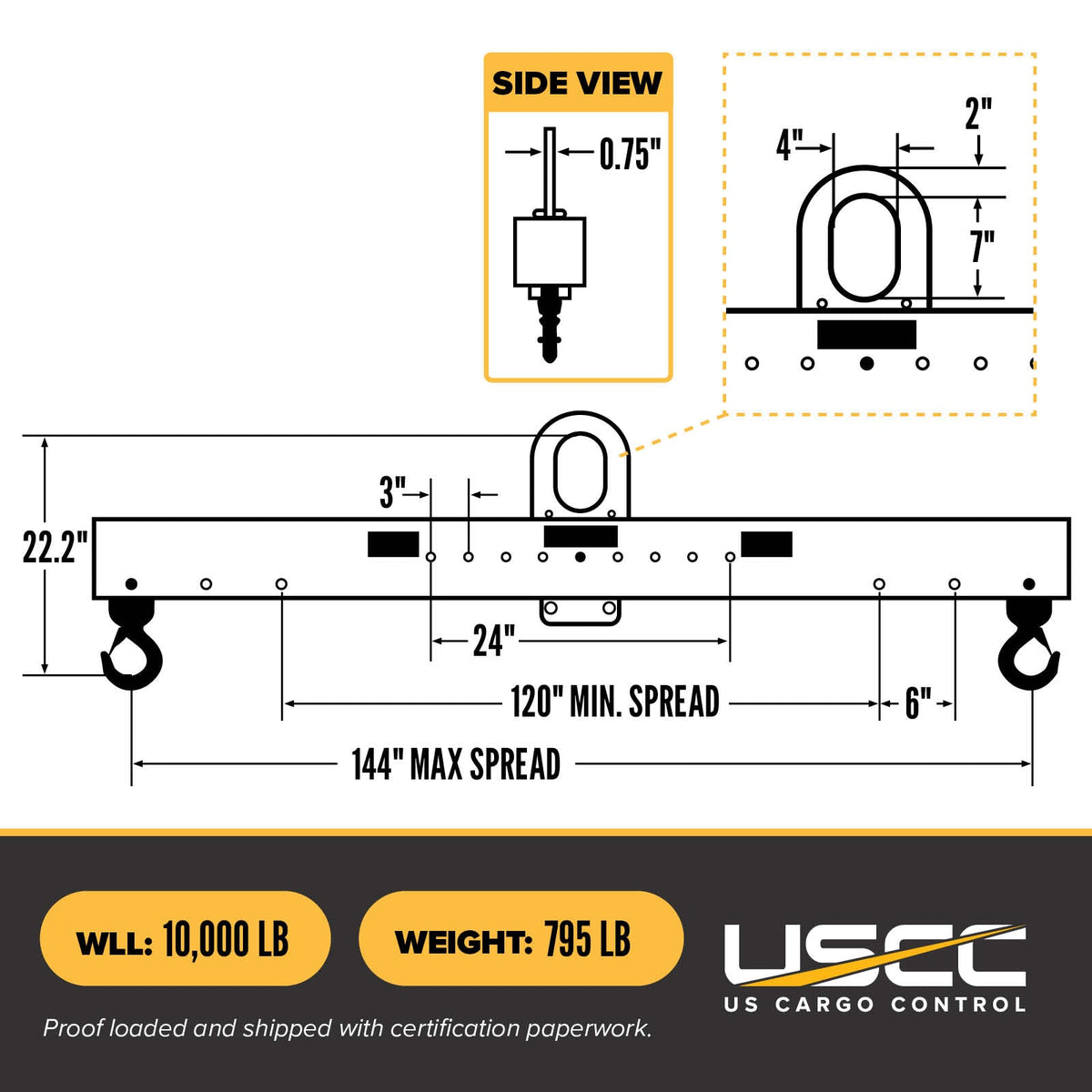 Standard Adjustable Lifting Beam w/ Swivel Hooks -  10,000 Lb. Capacity - 10' to 12' Spread