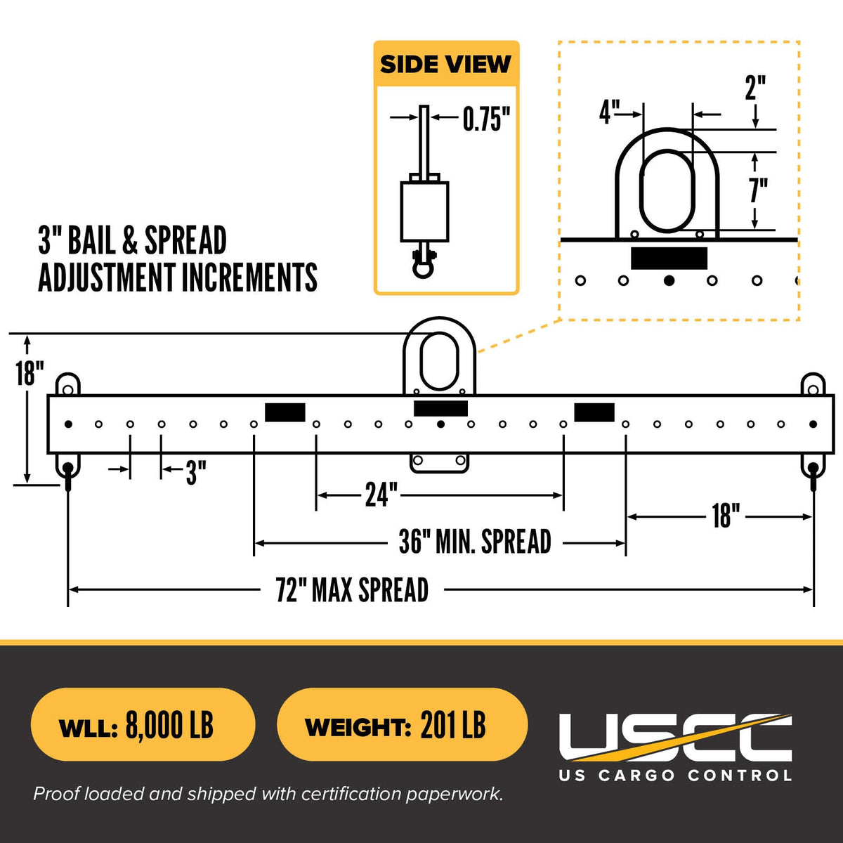 Standard Adjustable Lifting Beam w/ Shackles -  8,000 Lb. Capacity - 3' to 6' Spread