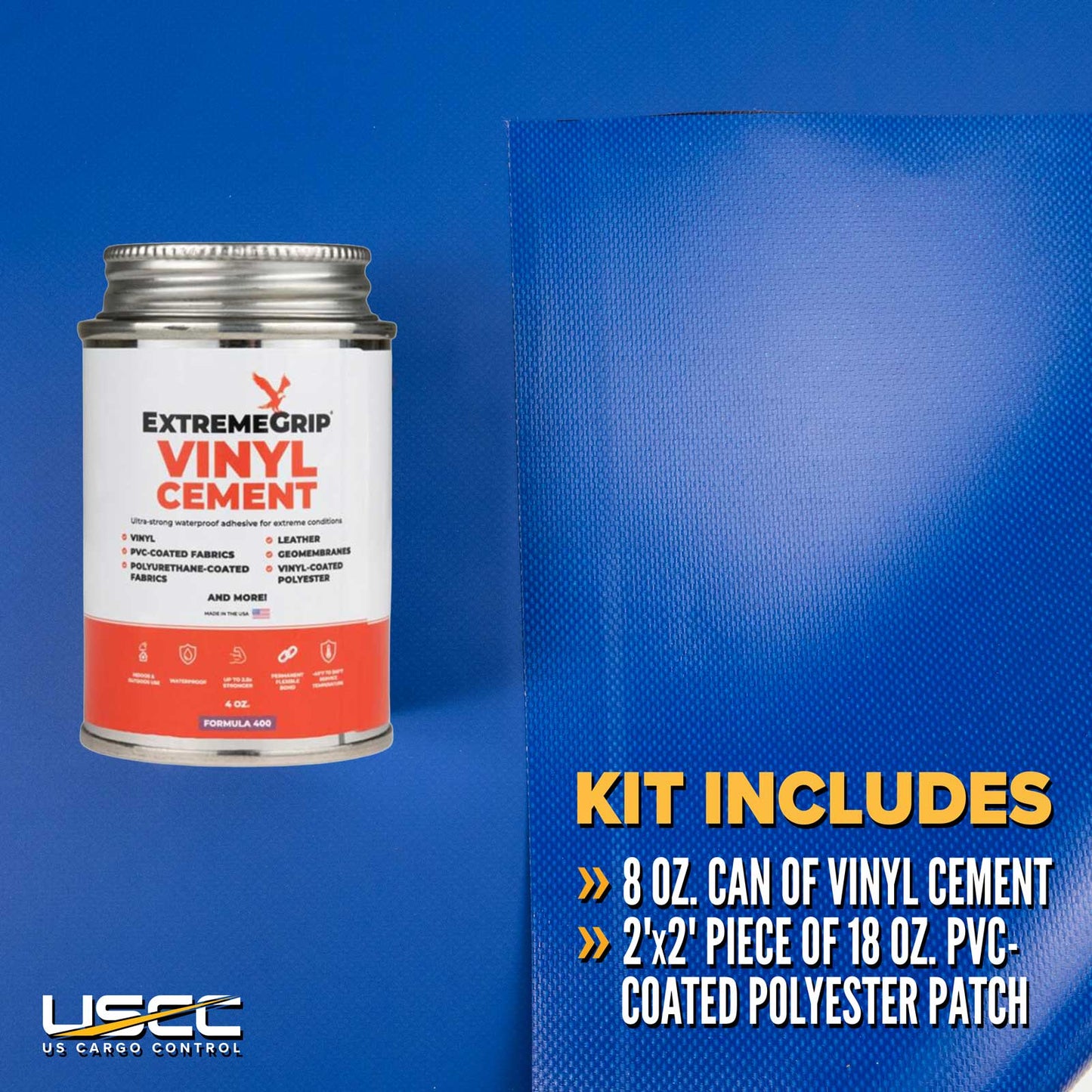 Tarp Repair Kit: 2'x2' Blue Tarp Patch and Vinyl Cement