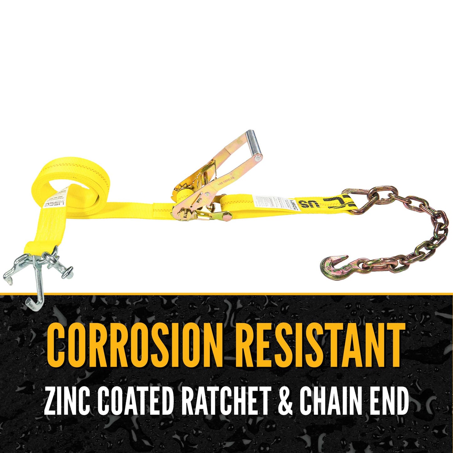 2" x 8' Tow Truck Ratchet Strap - Chain Extension / RTJ Cluster Hook | Yellow