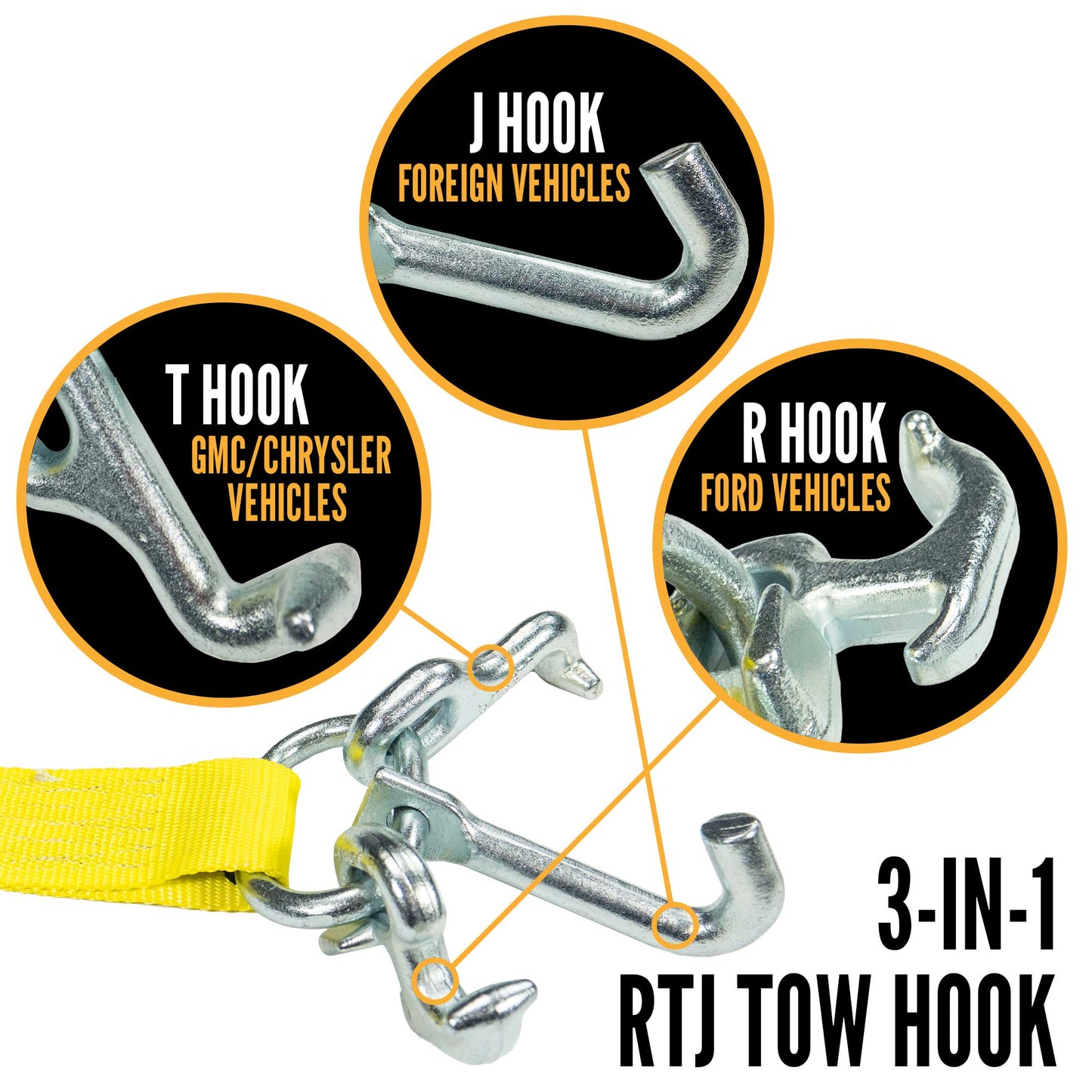 2" x 8' Tow Truck Ratchet Strap - Chain Extension / RTJ Cluster Hook | Yellow