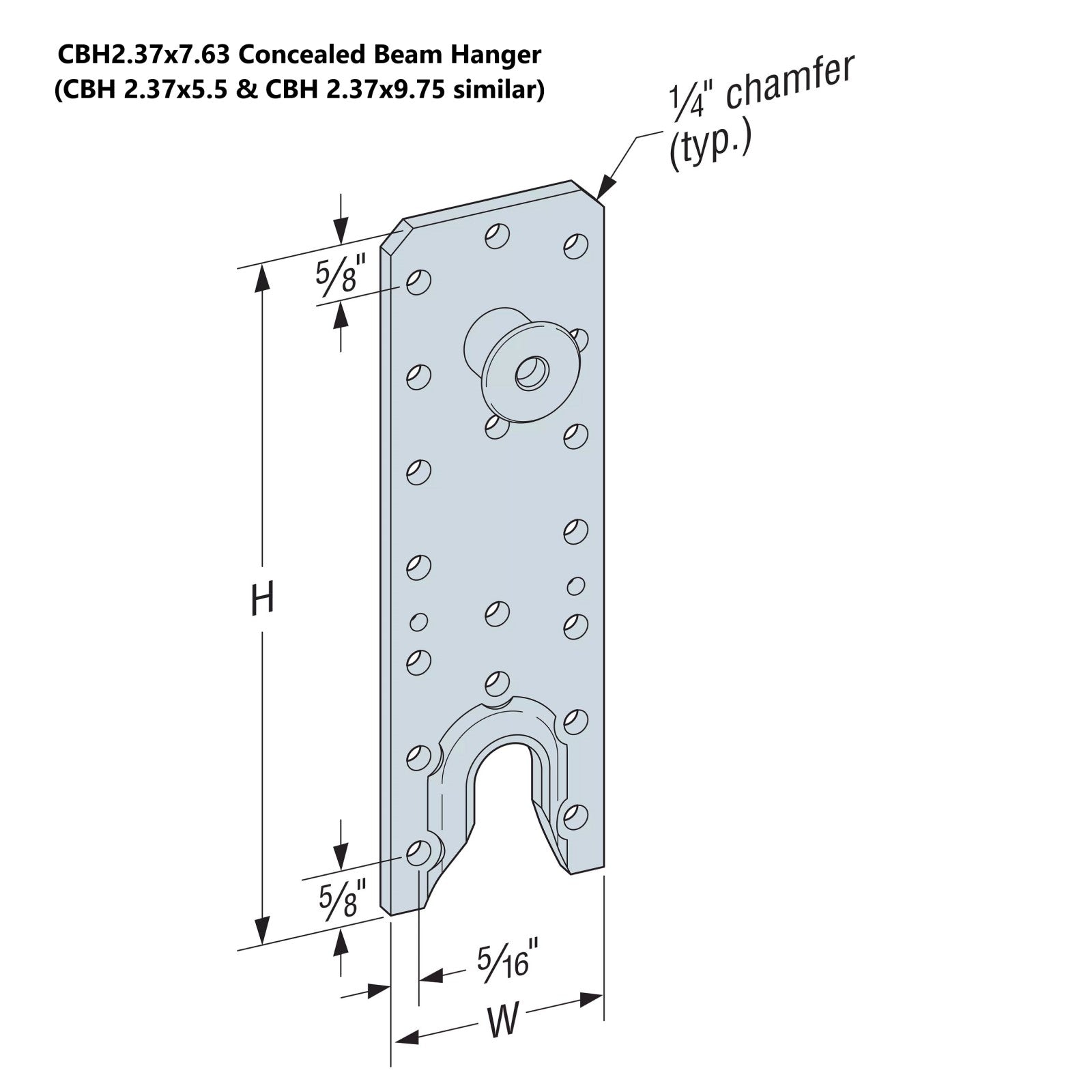 CBH2.37x7.63 Concealed Beam Hanger Illustration (CBH 2.37x5.5 & CBH 2.37x9.75 similar)