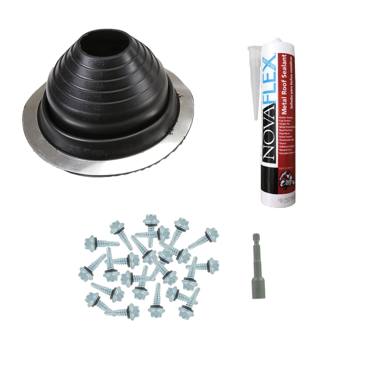 #4 Round EPDM Metal Roof Pipe Boot wInstall Kit Black