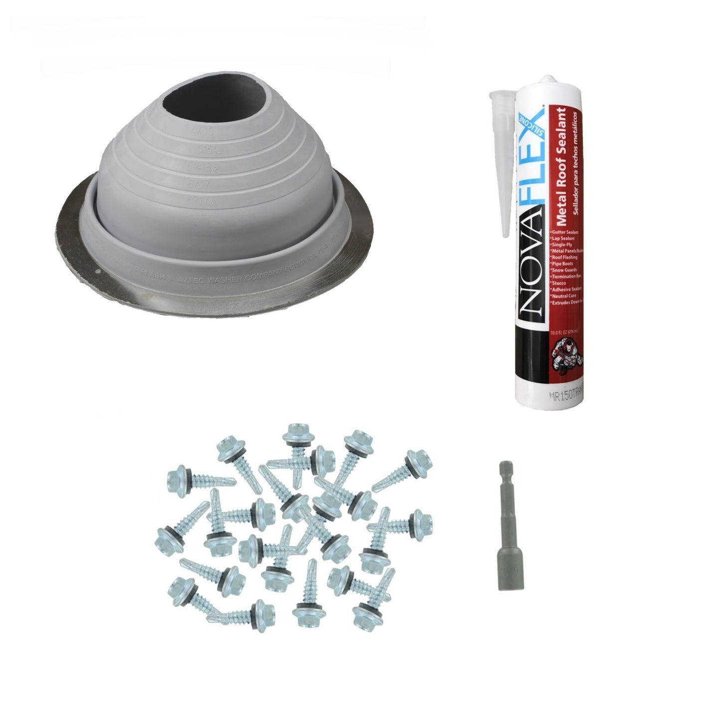 #5 Round EPDM Metal Roof Pipe Boot wInstall Kit Gray