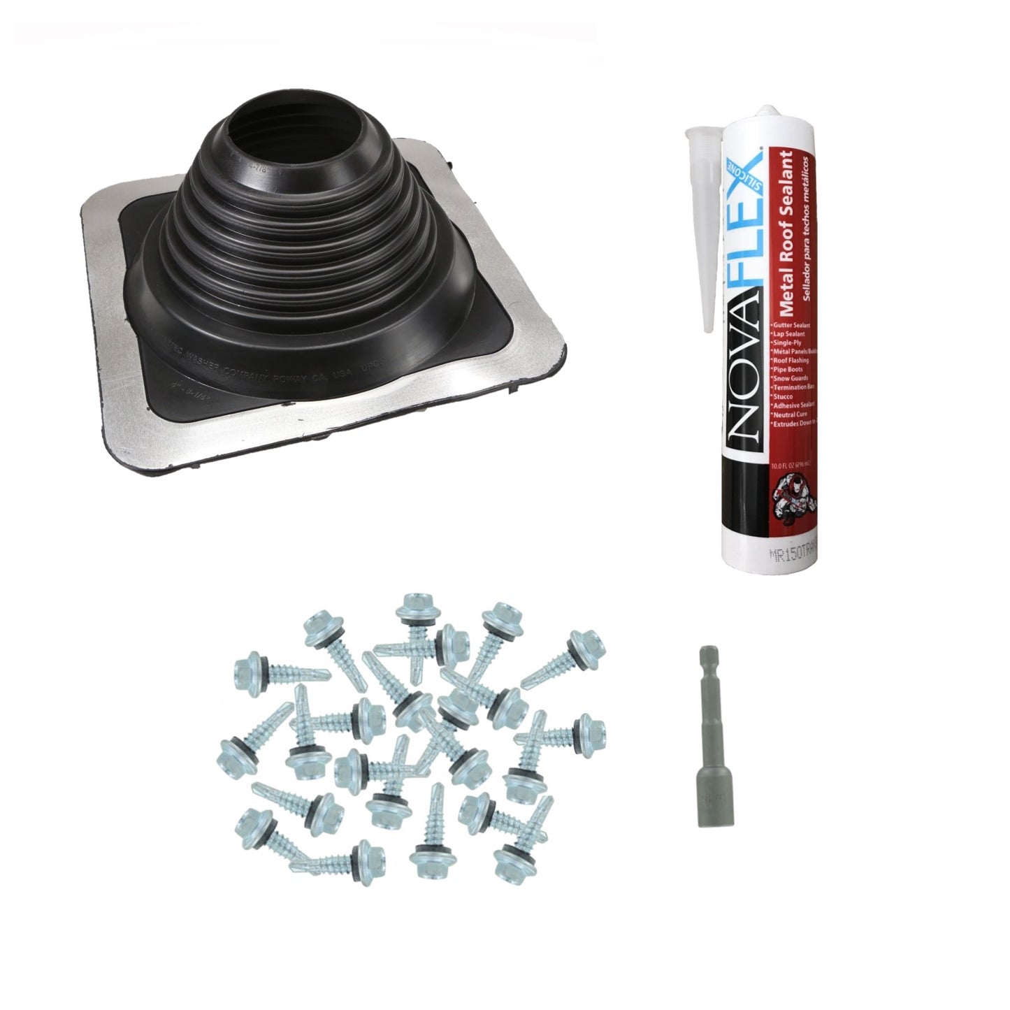 #5 Square EPDM Metal Roof Pipe Boot wInstall Kit Black