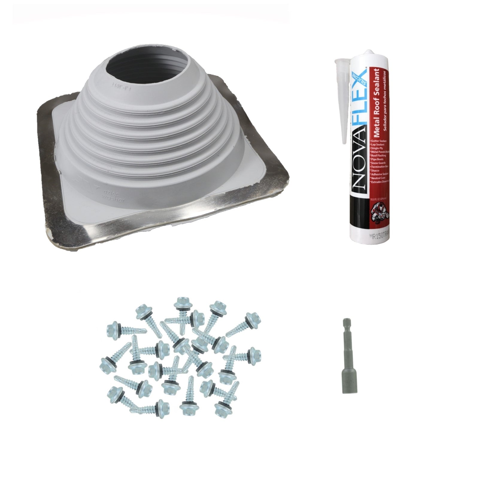 #6 Square EPDM Metal Roof Pipe Boot wInstall Kit Gray