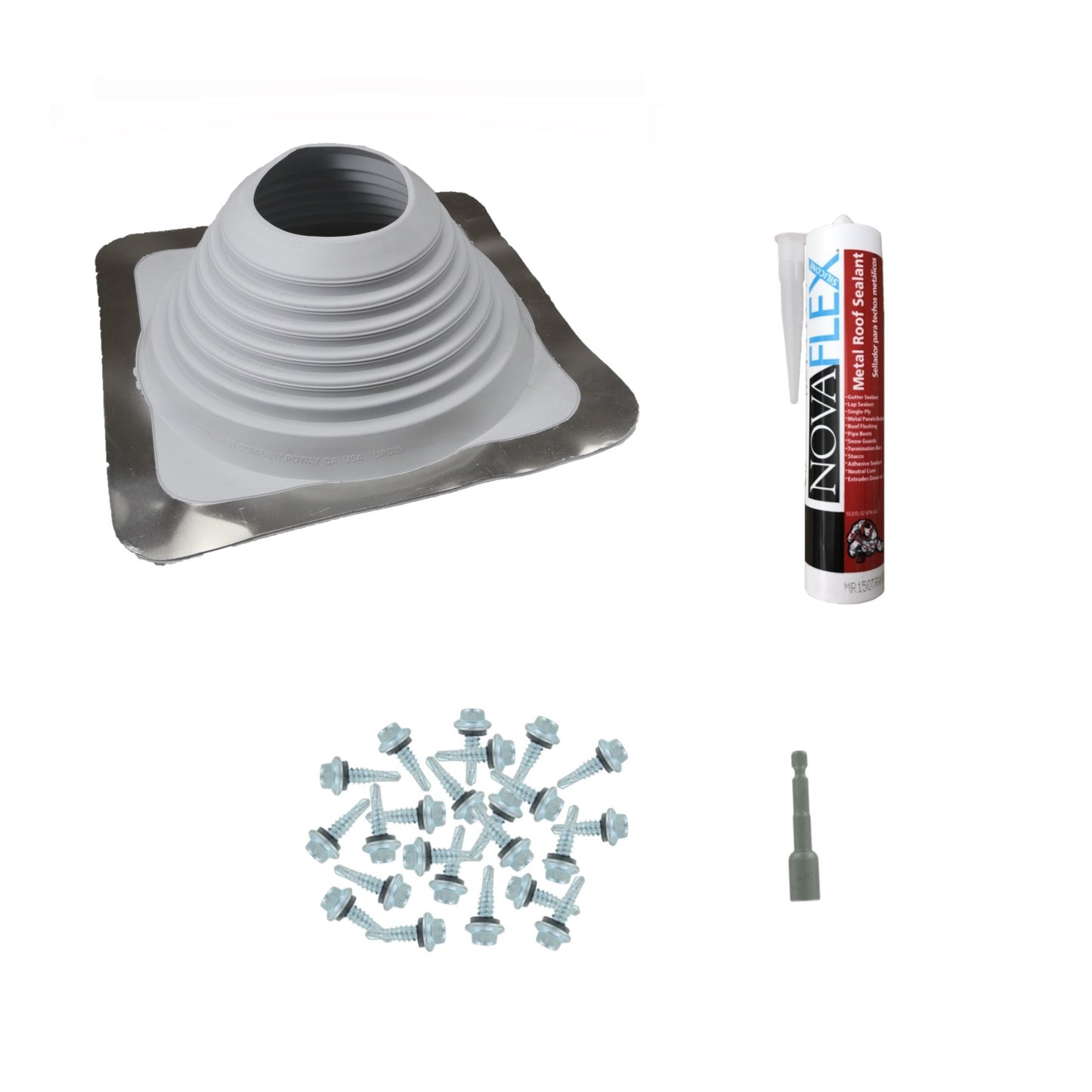#7 Square EPDM Metal Roof Pipe Boot wInstall Kit Gray