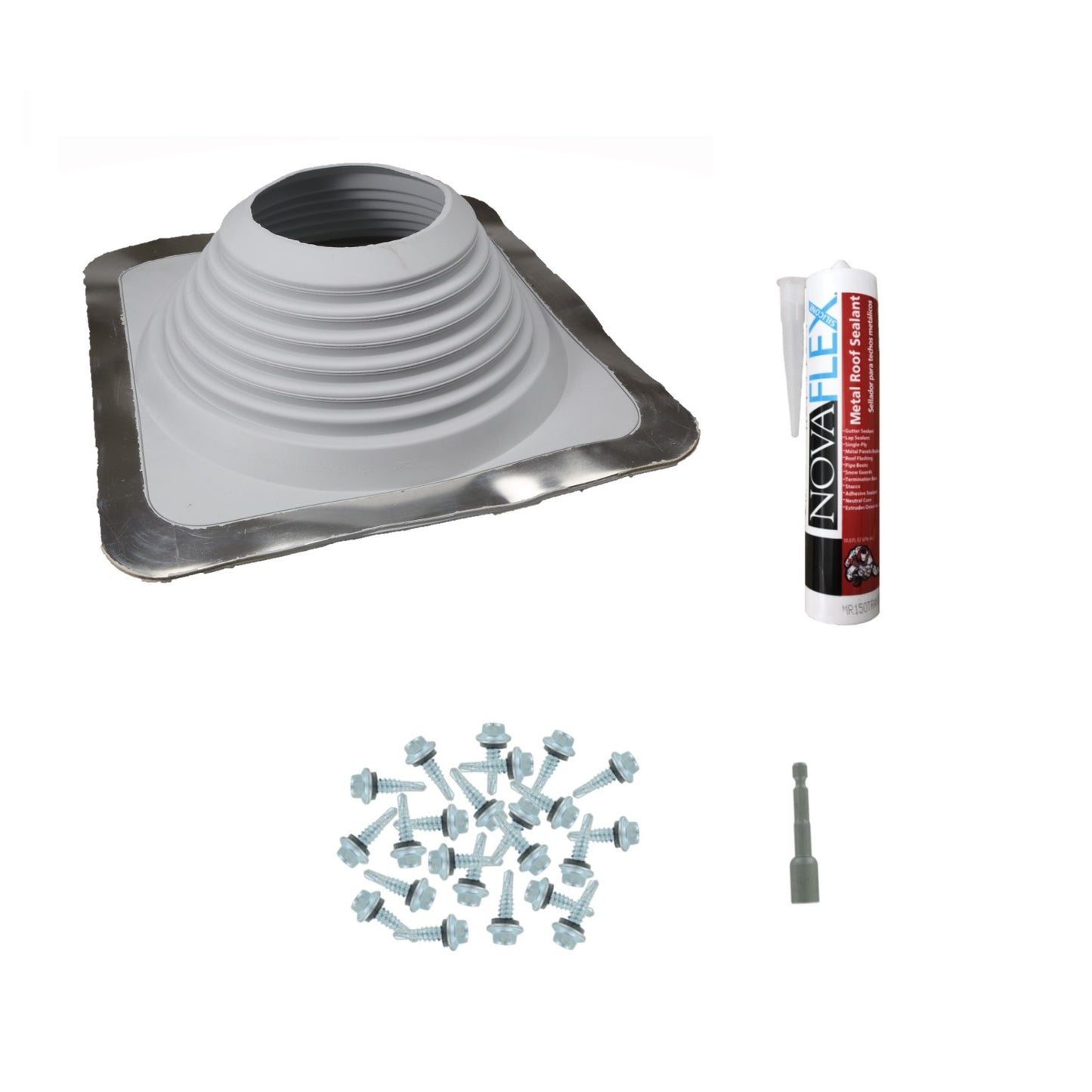 #8 Square EPDM Metal Roof Pipe Boot wInstall Kit Gray