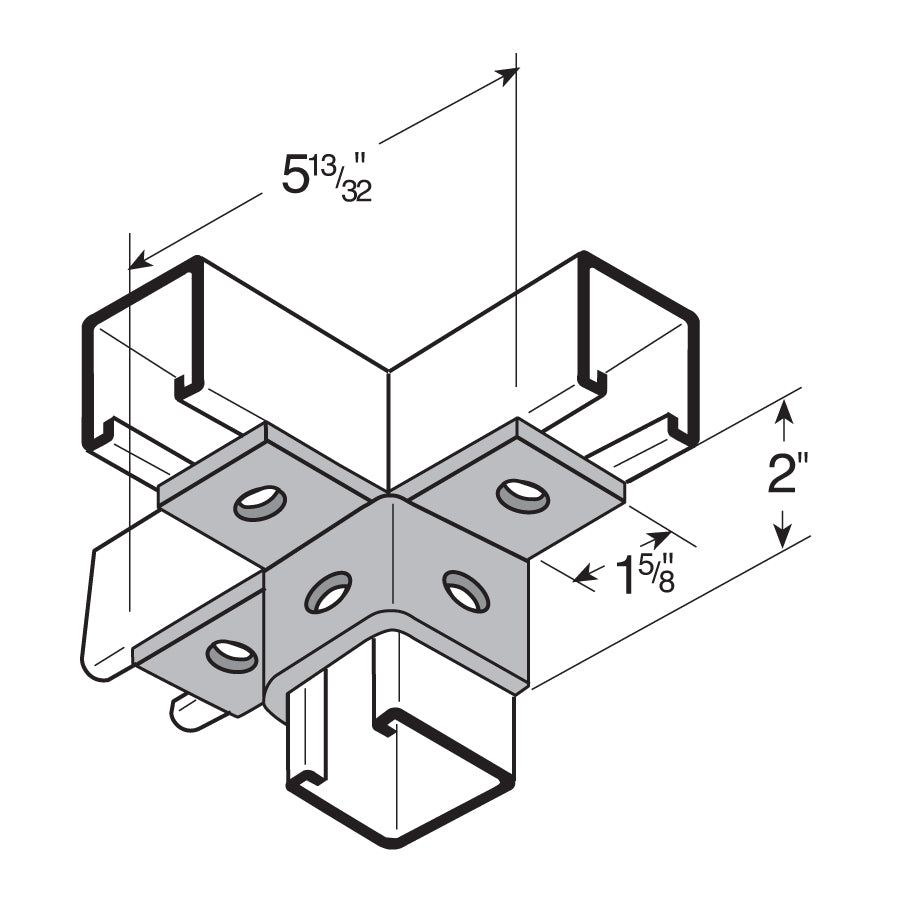 Flexstrut FS-5514 3-Way Channel Wing Connector Drawing With Dimensions