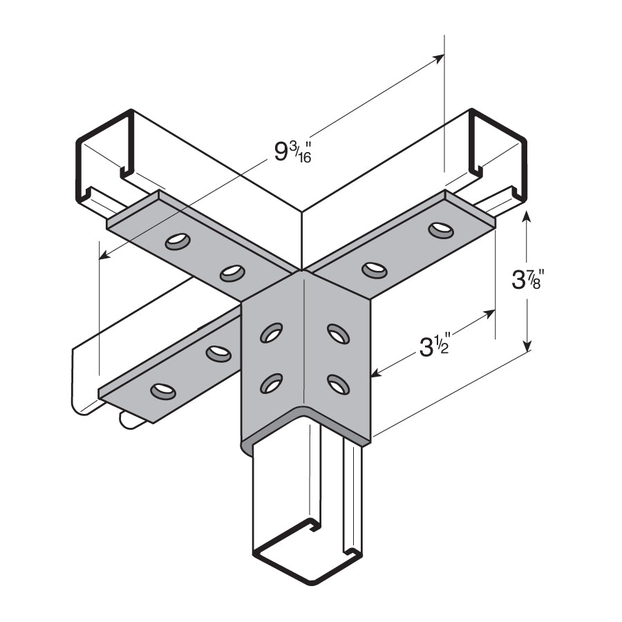 Flexstrut FS-5525 3-Way Channel Wing Connector Drawing With Dimensions