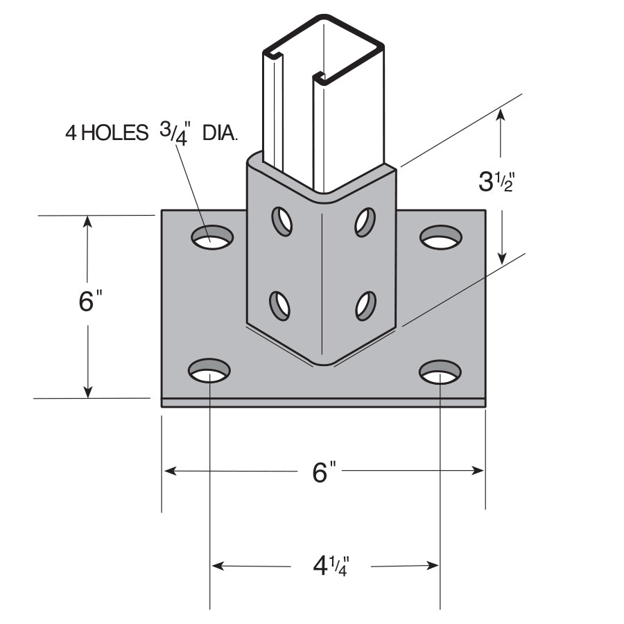 Flexstrut 4-Hole Single Channel Post Base Drawing With Dimensions