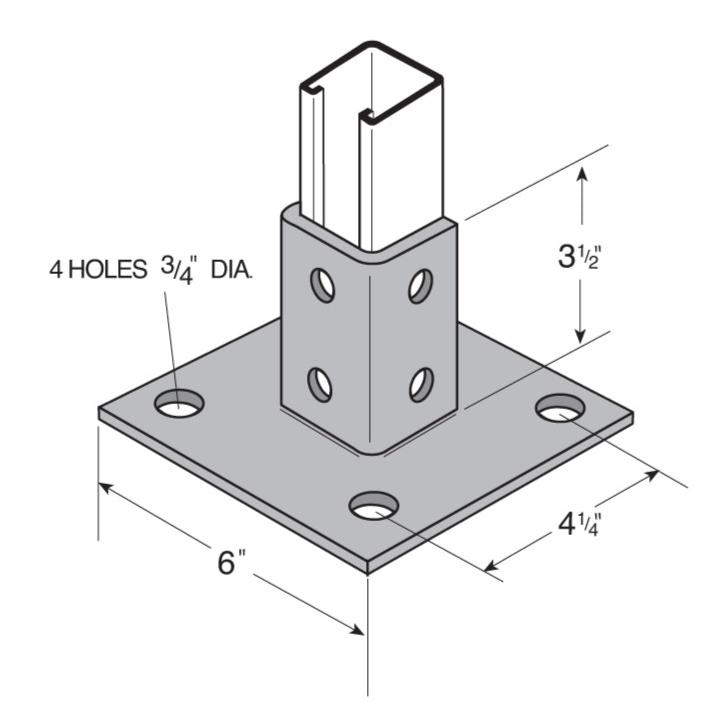 Flexstrut Square Single Channel Post Base Drawing With Dimensions