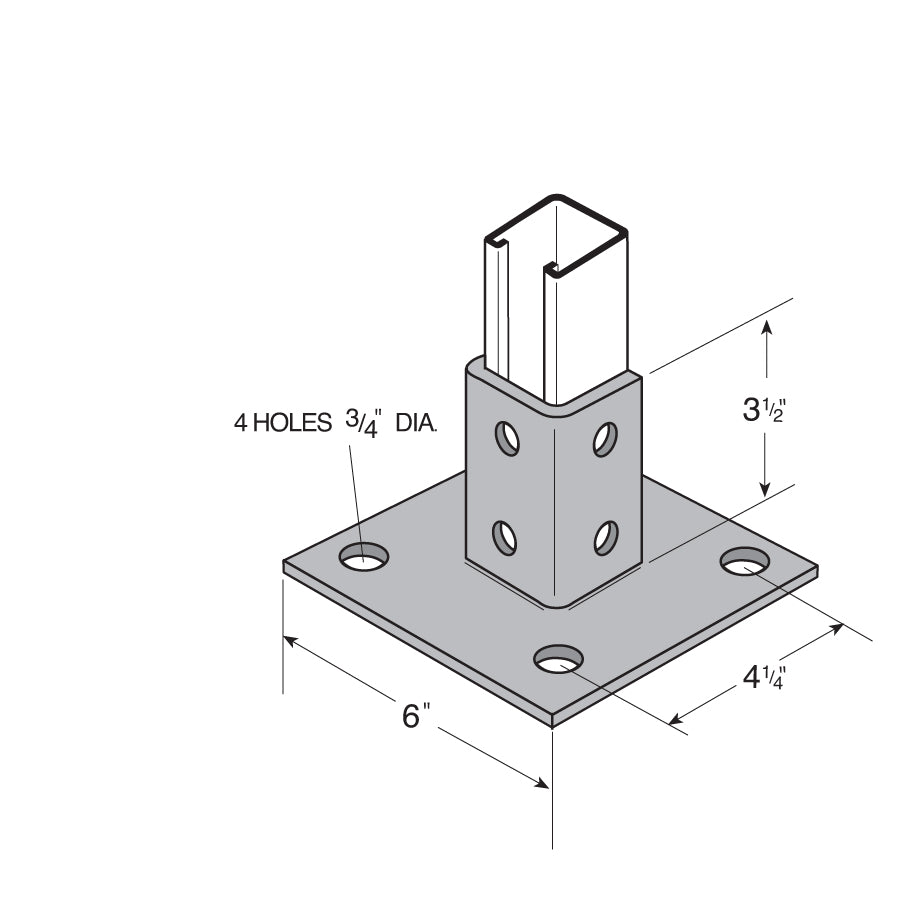 Flexstrut Square Single Channel Post Base Drawing With Dimensions