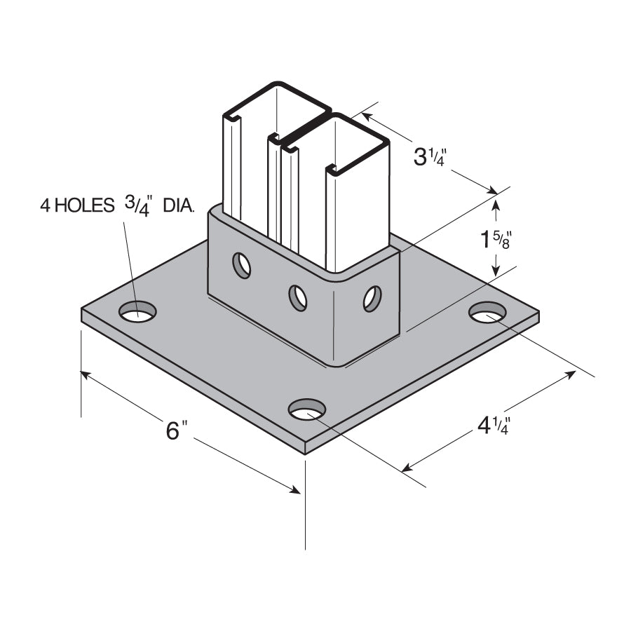 Flexstrut Square Double Channel Post Base Drawing With Dimensions