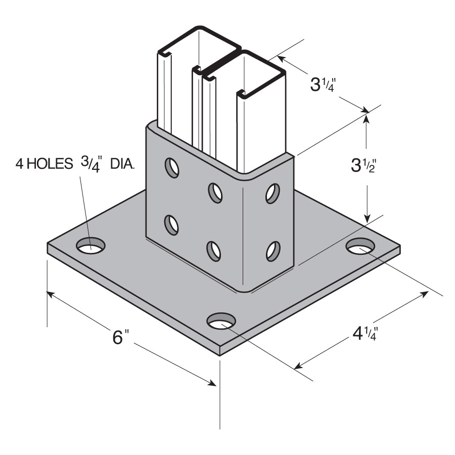 Flexstrut Square Double Channel Post Base 2-Level Drawing With Dimensions