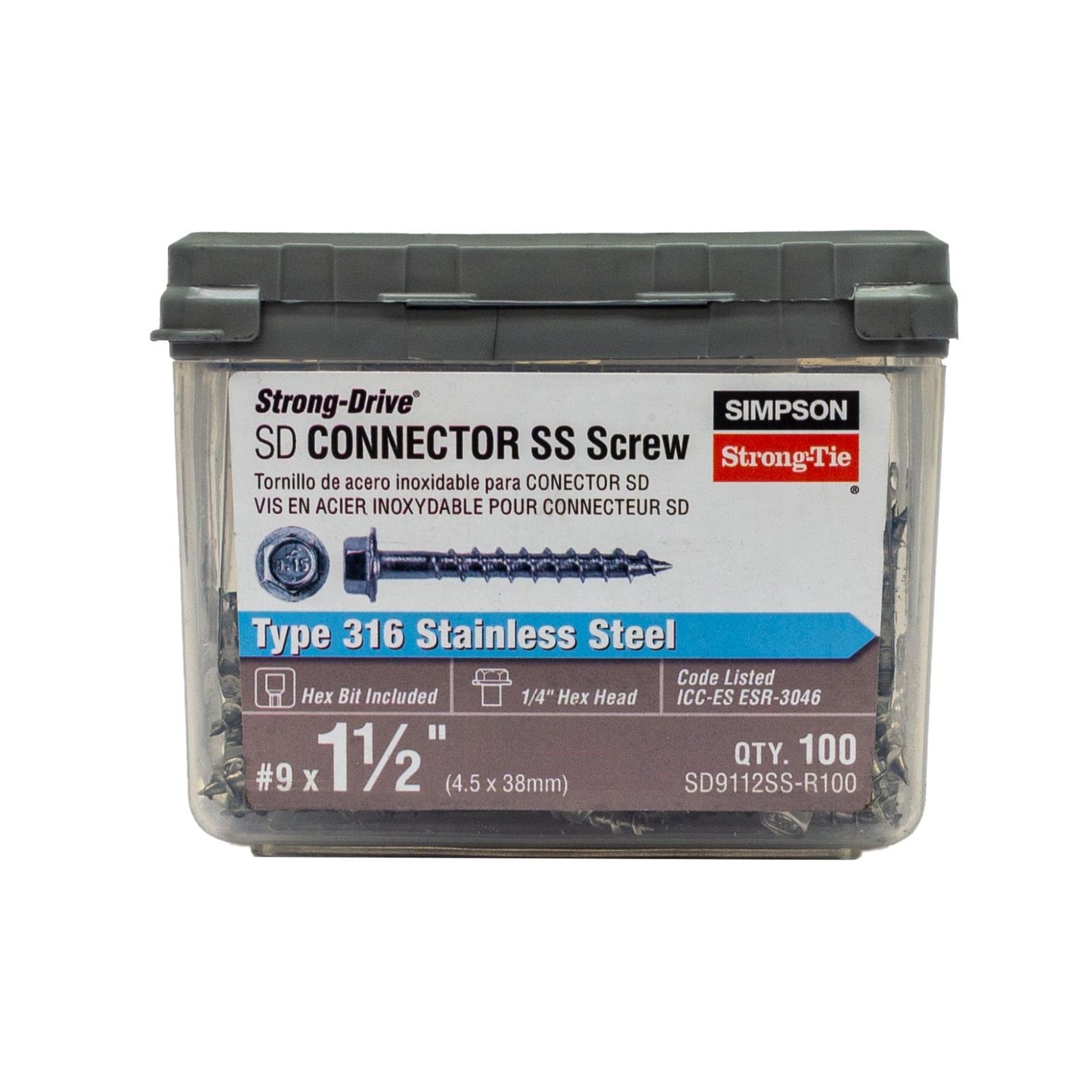 #9 x 1-1/2" Strong-Tie SD9112SS-R100 Connector Screw - 316 Stainless Steel, Pkg 100